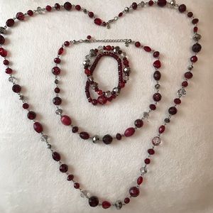 Raspberry and Silver necklace with bracelet set